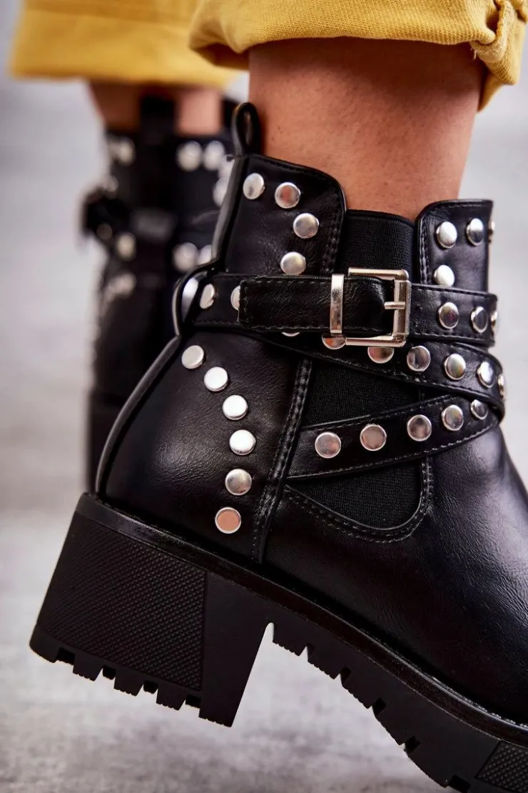 Damskie Boto Skórzane Damskie Botki Z Ozdobnymi Ćwiekami Czarne Sanchez