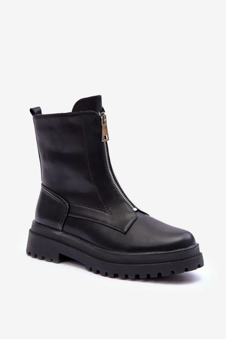 Damskie Boto Skórzane Damskie Botki Z Suwakiem Czarne Chlorike