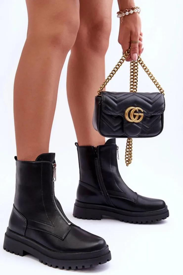 Damskie Boto Skórzane Damskie Botki Z Suwakiem Czarne Chlorike