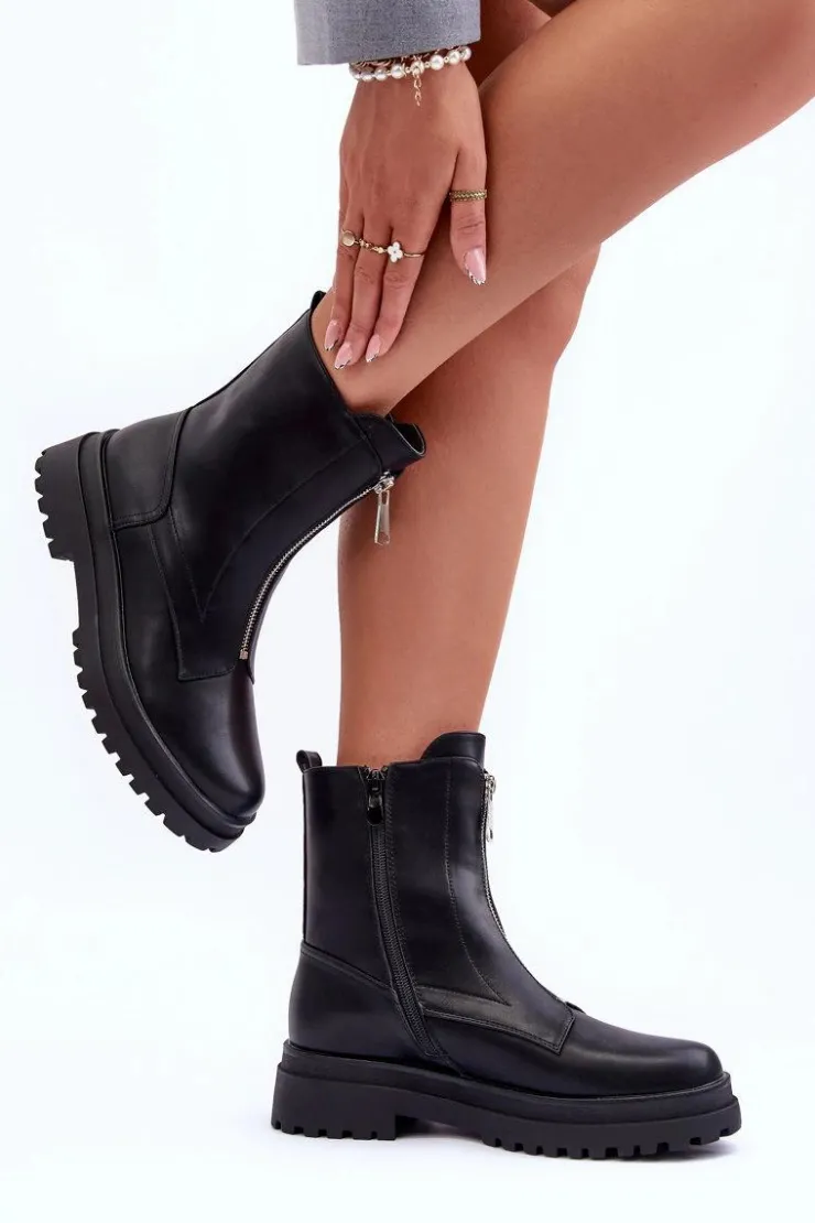 Damskie Boto Skórzane Damskie Botki Z Suwakiem Czarne Chlorike
