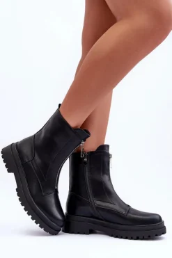 Damskie Boto Skórzane Damskie Botki Z Suwakiem Czarne Chlorike