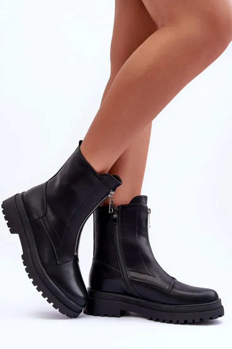 Damskie Boto Skórzane Damskie Botki Z Suwakiem Czarne Chlorike