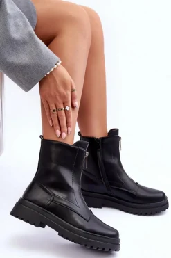 Damskie Boto Skórzane Damskie Botki Z Suwakiem Czarne Chlorike