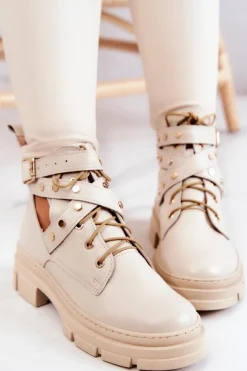 Damskie Boto Skórzane Damskie Botki Z Wycięciami Jasnobeżowe Everly