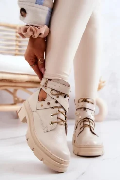 Damskie Boto Skórzane Damskie Botki Z Wycięciami Jasnobeżowe Everly