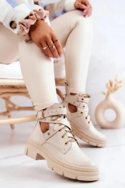 Damskie Boto Skórzane Damskie Botki Z Wycięciami Jasnobeżowe Everly