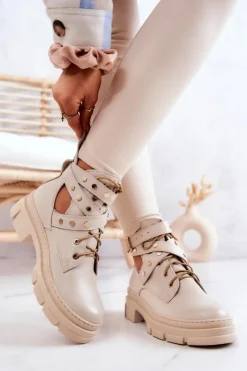 Damskie Boto Skórzane Damskie Botki Z Wycięciami Jasnobeżowe Everly