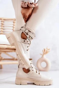 Damskie Boto Skórzane Damskie Botki Z Wycięciami Jasnobeżowe Everly