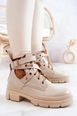 Damskie Boto Skórzane Damskie Botki Z Wycięciami Jasnobeżowe Everly