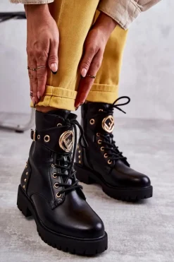 Boto Skórzane Damskie Botki Z Ćwiekami Czarne Leticia