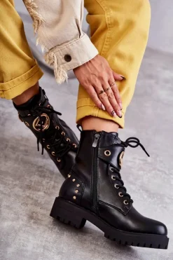 Boto Skórzane Damskie Botki Z Ćwiekami Czarne Leticia