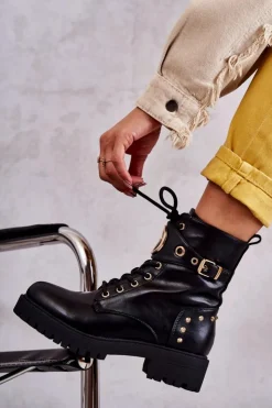 Boto Skórzane Damskie Botki Z Ćwiekami Czarne Leticia