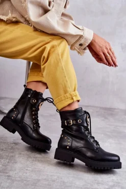 Boto Skórzane Damskie Botki Z Ćwiekami Czarne Leticia