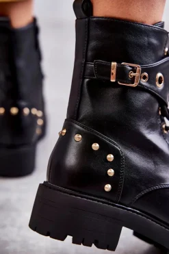 Boto Skórzane Damskie Botki Z Ćwiekami Czarne Leticia