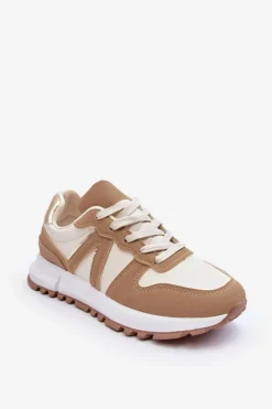 Outlet Boto Skórzane Damskie Buty Sportowe Brązowo-Beżowe Kabama