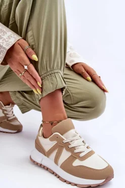 Outlet Boto Skórzane Damskie Buty Sportowe Brązowo-Beżowe Kabama