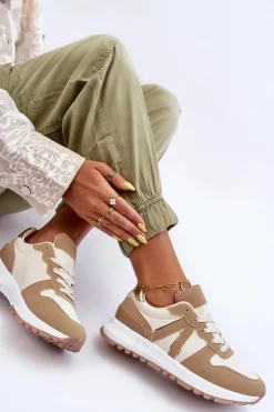 Outlet Boto Skórzane Damskie Buty Sportowe Brązowo-Beżowe Kabama