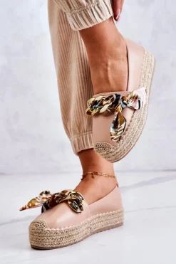 Boto Czarne Espadryle*Skórzane Damskie Espadryle Z Łańcuchem Beżowe Fancy