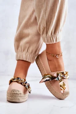 Boto Czarne Espadryle*Skórzane Damskie Espadryle Z Łańcuchem Beżowe Fancy