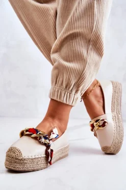 Damskie Boto Skórzane Damskie Espadryle Z Łańcuchem Jasnobeżowe Fancy