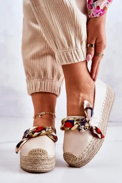 Damskie Boto Skórzane Damskie Espadryle Z Łańcuchem Jasnobeżowe Fancy
