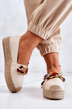 Damskie Boto Skórzane Damskie Espadryle Z Łańcuchem Jasnobeżowe Fancy