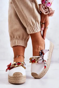 Hot Boto Skórzane Damskie Espadryle Z Łańcuchem Białe Fancy