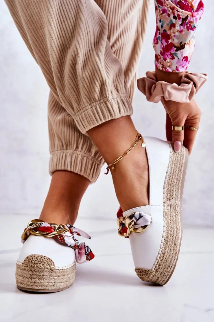 Hot Boto Skórzane Damskie Espadryle Z Łańcuchem Białe Fancy
