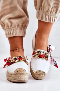 Hot Boto Skórzane Damskie Espadryle Z Łańcuchem Białe Fancy