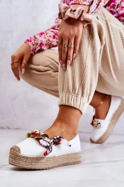 Hot Boto Skórzane Damskie Espadryle Z Łańcuchem Białe Fancy