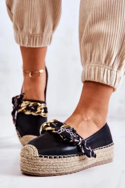 Boto Czarne Espadryle*Skórzane Damskie Espadryle Z Łańcuchem Czarne Fancy