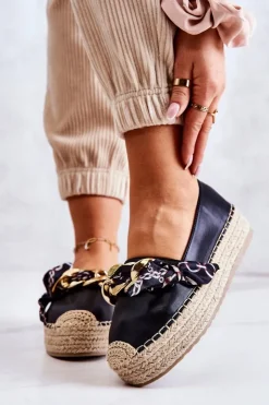 Boto Czarne Espadryle*Skórzane Damskie Espadryle Z Łańcuchem Czarne Fancy