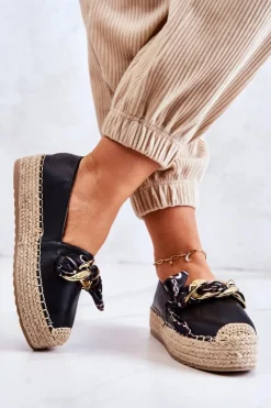 Boto Czarne Espadryle*Skórzane Damskie Espadryle Z Łańcuchem Czarne Fancy