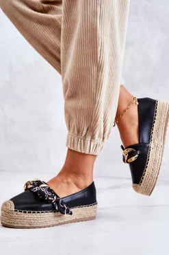 Boto Czarne Espadryle*Skórzane Damskie Espadryle Z Łańcuchem Czarne Fancy