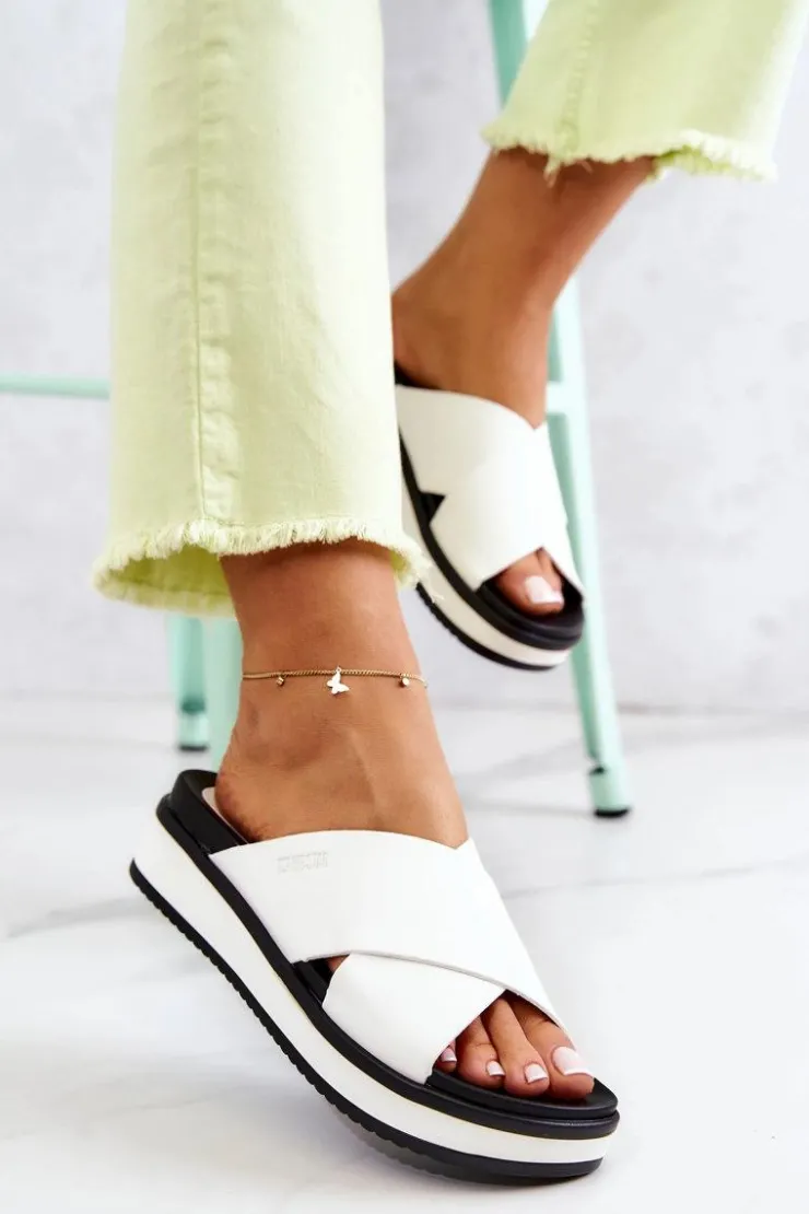 Damskie Big Star Shoes Skórzane Damskie Klapki Big Star JJ274723 Białe