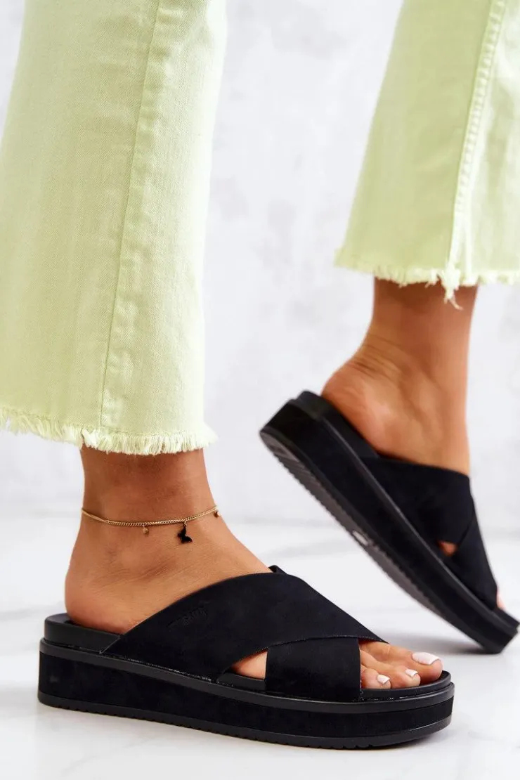 Big Star Shoes Skórzane Damskie Klapki Big Star JJ274721 Czarne