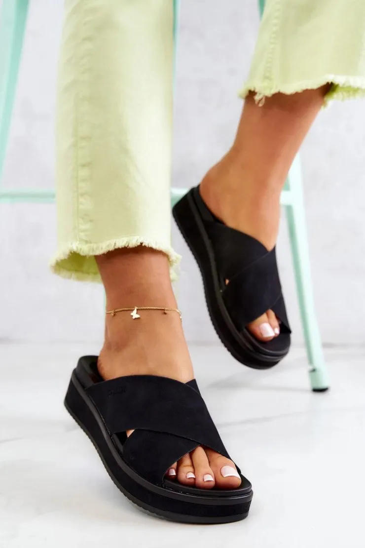 Big Star Shoes Skórzane Damskie Klapki Big Star JJ274721 Czarne