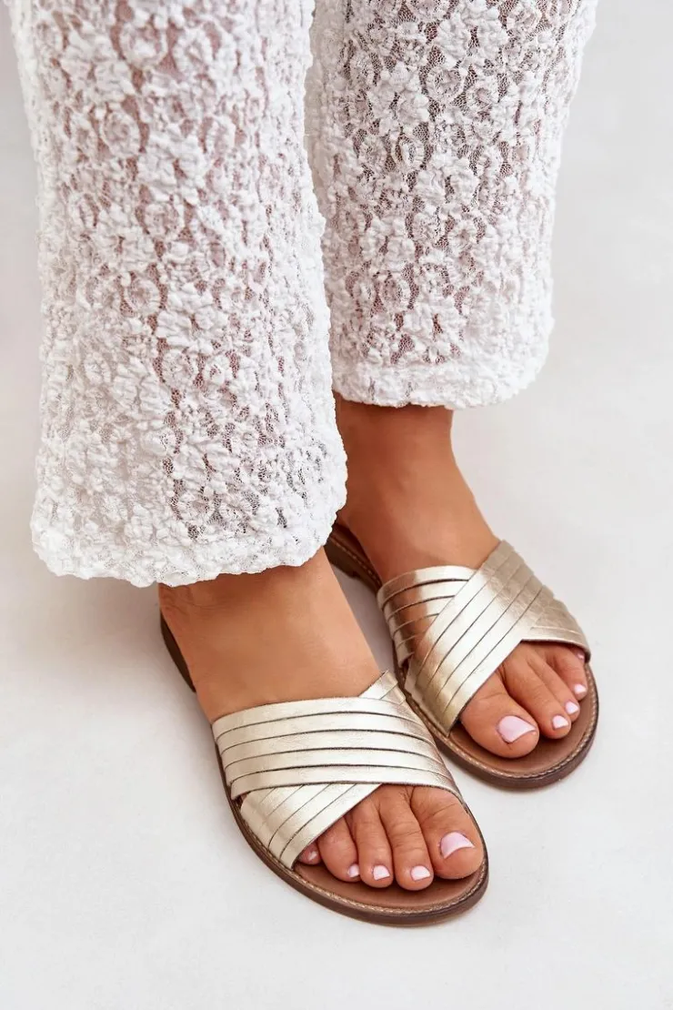 Best Boto Skórzane Damskie Klapki Lewski Shoes 3682 Złote Złoty