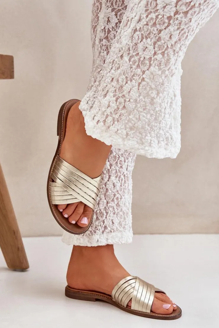 Best Boto Skórzane Damskie Klapki Lewski Shoes 3682 Złote Złoty