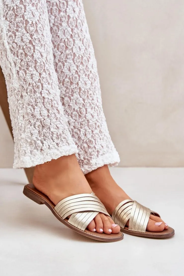 Best Boto Skórzane Damskie Klapki Lewski Shoes 3682 Złote Złoty