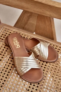 Best Boto Skórzane Damskie Klapki Lewski Shoes 3682 Złote Złoty