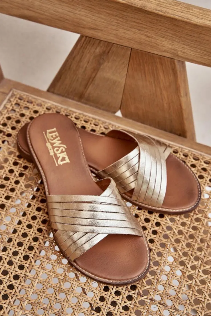 Best Boto Skórzane Damskie Klapki Lewski Shoes 3682 Złote Złoty