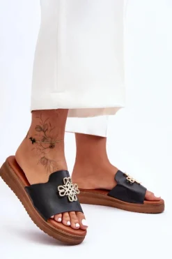 Damskie Boto Skórzane Damskie Klapki Na Platformie z Ozdobą Czarne Azera