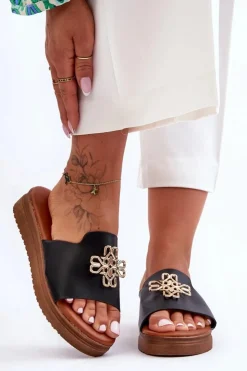 Damskie Boto Skórzane Damskie Klapki Na Platformie z Ozdobą Czarne Azera