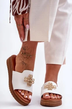 Boto Klapki Na Platformie|Klapki Damskie Klasyczne*Skórzane Damskie Klapki Na Platformie z Ozdobą Białe Azera