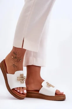 Boto Klapki Na Platformie|Klapki Damskie Klasyczne*Skórzane Damskie Klapki Na Platformie z Ozdobą Białe Azera