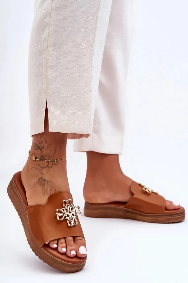 Damskie Boto Skórzane Damskie Klapki Na Platformie z Ozdobą Brązowe Azera