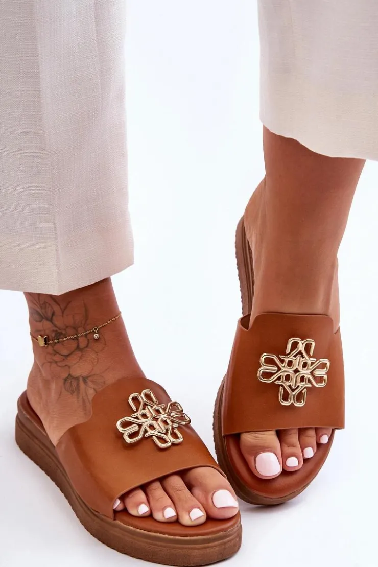 Damskie Boto Skórzane Damskie Klapki Na Platformie z Ozdobą Brązowe Azera