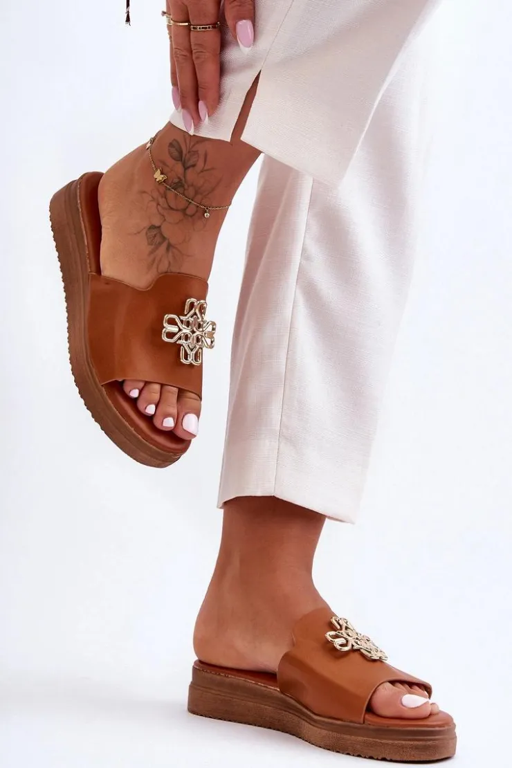 Damskie Boto Skórzane Damskie Klapki Na Platformie z Ozdobą Brązowe Azera