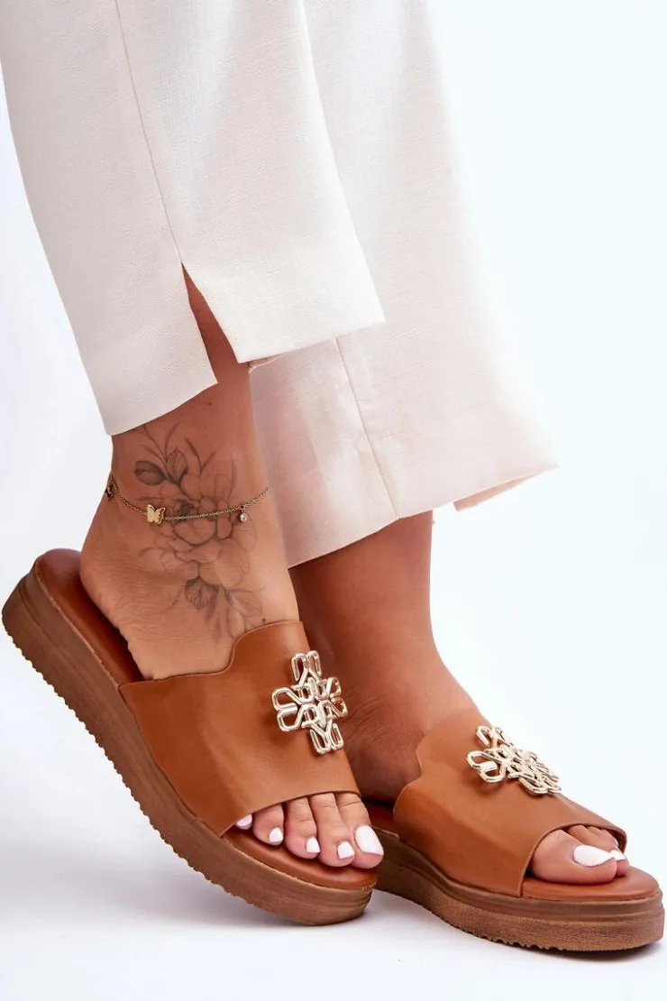 Damskie Boto Skórzane Damskie Klapki Na Platformie z Ozdobą Brązowe Azera